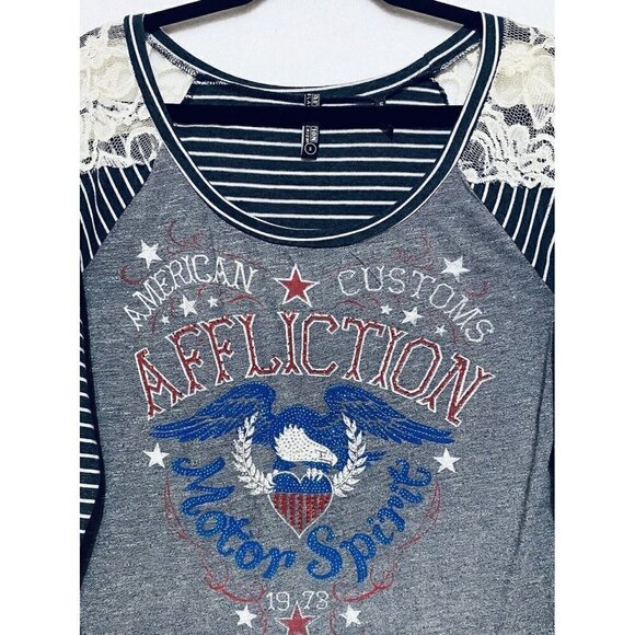 Affliction Womens Small Black Striped Pullover Top Lace Beaded Eagle Long Sleeve - Picture 2 of 5
